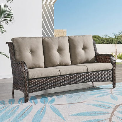 Rilyson Outdoor Patio Wicker Sofa, 900Lbs Weight Capacity Large 3 Seater Wicker Patio Couch with 4in Seat Cushions and Deep Seating, All Weather for Backyard, Garden, Poolside (Brown/Grey)
