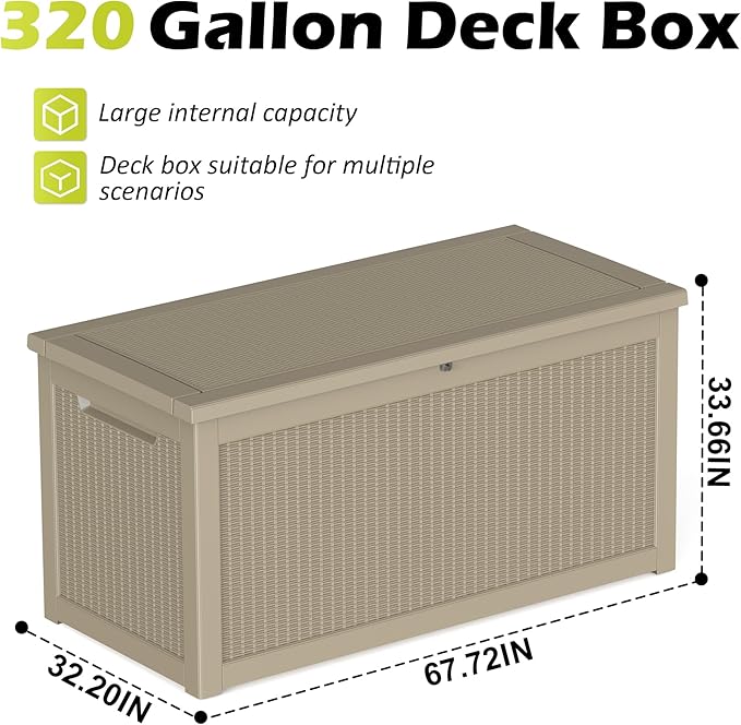 ROJIK 320 Gallon Deck Box Outdoor Waterproof,Weatherproof Outdoor Storage Boxes Lockable with Lid,Outside Resin Storage Bench for Patio Cushions,Garden Tools and Pool Accessories(Grey)