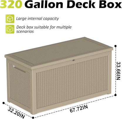 ROJIK 320 Gallon Deck Box Outdoor Waterproof,Weatherproof Outdoor Storage Boxes Lockable with Lid,Outside Resin Storage Bench for Patio Cushions,Garden Tools and Pool Accessories(Grey)
