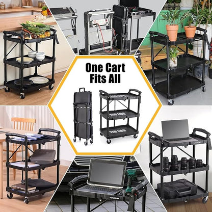 Portable Folding Service Cart - 3 Tier 330LBS Capacity - Rolling Utility Foldable Cart with Wheels for Warehouse Home Workshops Garages Restaurants Offices