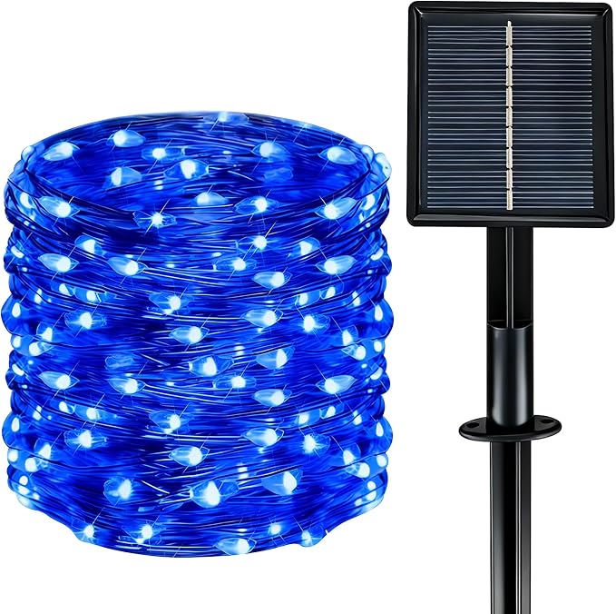 Solar String Lights Outdoor Waterproof 33ft 100LED 8 Modes Twinkle Lights Solar Fairy Lights for Patio, Garden Yard Party Wedding Tree Christmas Halloween Decoration, Blue