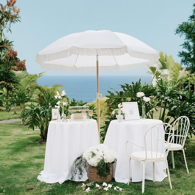 7FT Boho Patio Umberlla with Fringe,UPF50+ Outdoor Umbrella with Fiberglass Ribs and Push Button Tilt,Tassels Umbrella for Beach,Terrace,Picnic