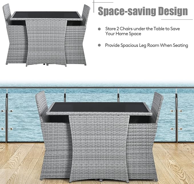 DORTALA Wicker Outdoor Bistro Set 3 Piece, Patio Furniture Set for Small Space with Table & Dining Chairs, Rattan Conversation Sofa Set for Balcony, Porch, Backyard, Deck, Grey