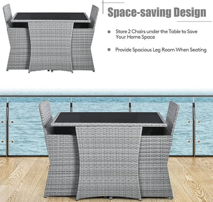 DORTALA Wicker Outdoor Bistro Set 3 Piece, Patio Furniture Set for Small Space with Table & Dining Chairs, Rattan Conversation Sofa Set for Balcony, Porch, Backyard, Deck, Grey