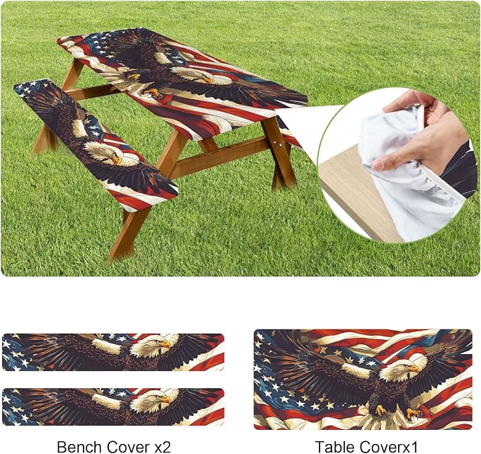 ANNA QUEEN Patriotic American Eagle 6FT Picnic Table Cover with Bench Covers Set of 3 with Drawstring Bag, USA Flag Eagle 72"x30" Waterproof Picnic Tablecloth & Bench Covers for Outdoor BBQ