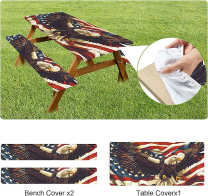 ANNA QUEEN Patriotic American Eagle 6FT Picnic Table Cover with Bench Covers Set of 3 with Drawstring Bag, USA Flag Eagle 72"x30" Waterproof Picnic Tablecloth & Bench Covers for Outdoor BBQ