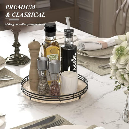 AMH 10-Inch Italian Travertine Lazy Susan with Black Metal Frame | Smooth rotating oak tray with walnut finish for dining tables, kitchen counters, pantries and cabinet storage.