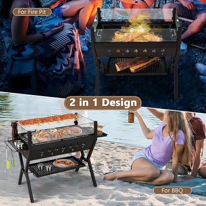 HAPPYGRILL Charcoal Grill with Glass Wind Guard & Seasoning Racks | Outdoor Barbecue Charcoal Grills with Storage Shelf, Warming and Cooking Grills, BBQ Grill Set for Camping Picnic Hiking