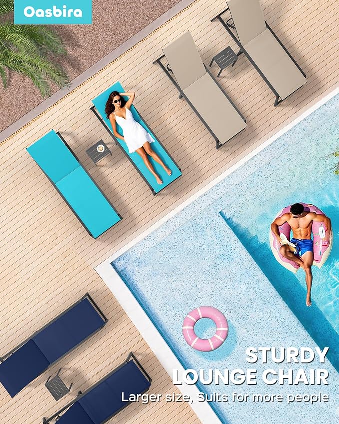 Aluminum Chaise Lounge Chair Outdoor, Foldable & Assembly Free Patio Pool Lounge Chairs 5-Position Recliner for Poolside, Fully Grounded Legs Sun Lounger, Navy Blue