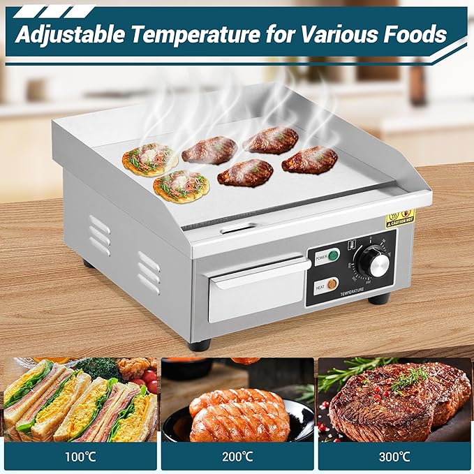 Garvee 14 in Commercial Electric Griddle,1600w Electric Restaurant Teppanyaki Flat Top Grill with Shovels & Brushes, Non-Stick Countertop Griddle, Adjustable Temperature Control
