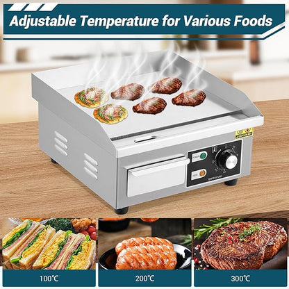 Garvee 14 in Commercial Electric Griddle,1600w Electric Restaurant Teppanyaki Flat Top Grill with Shovels & Brushes, Non-Stick Countertop Griddle, Adjustable Temperature Control