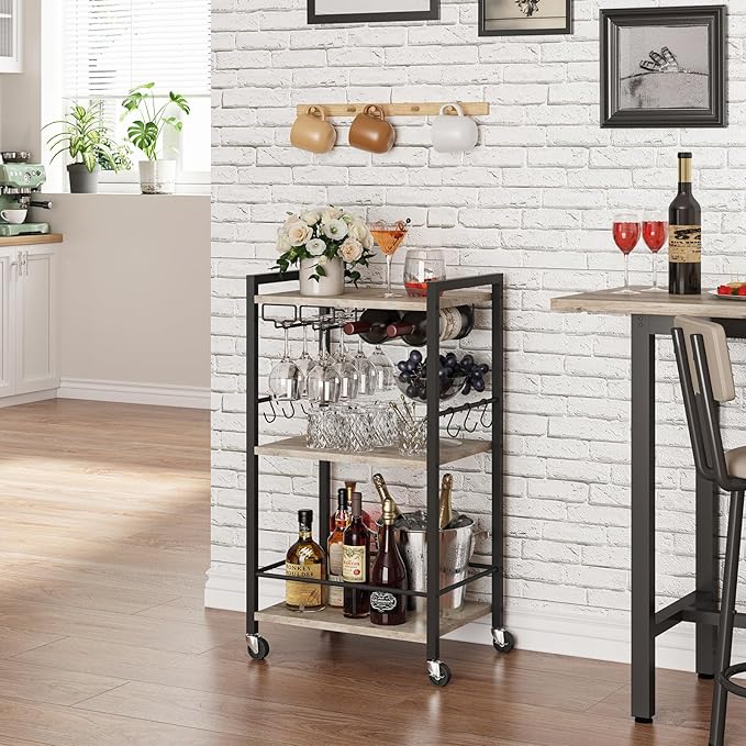 TUTOTAK Bar Cart with Wheels, Mini Drink Cart with Wine Rack & Glass Holder | 3-Tier 17 Inch Wide Home Bar Serving Carts, Small Mobile Kitchen Shelf with 6 Hooks, Greige BC01BG035