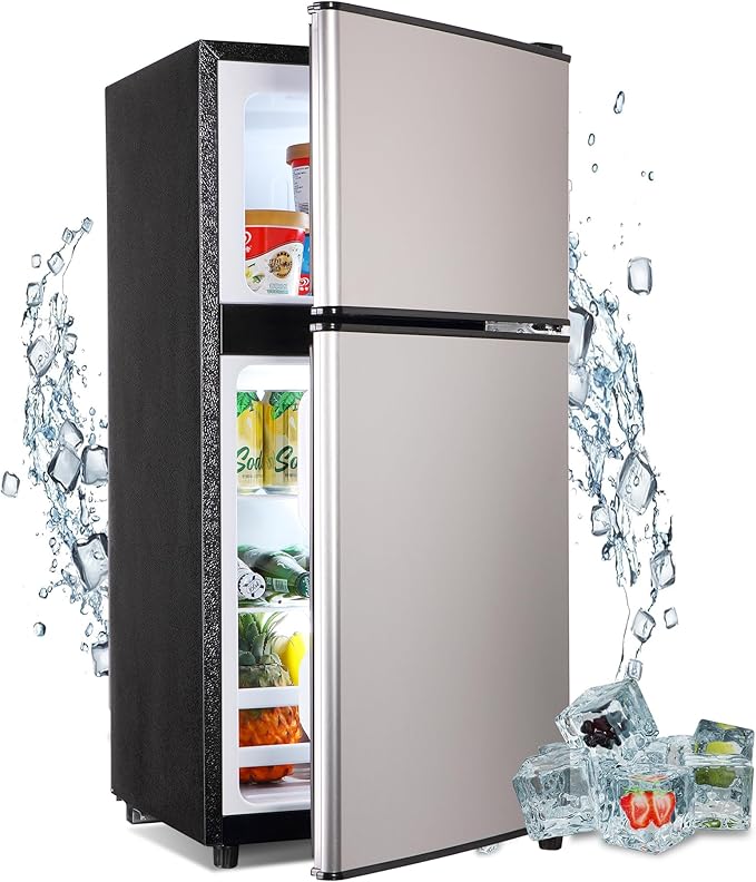 Mini Refrigerator with Freezer, 3.5 Cu. Ft. Small Fridge with Freezer 2 Door Mini Fridge with 7-Level Adjustable Thermostat Removable Shelves, Compact Refrigerator for Office/Dorm/College/RV, Silver