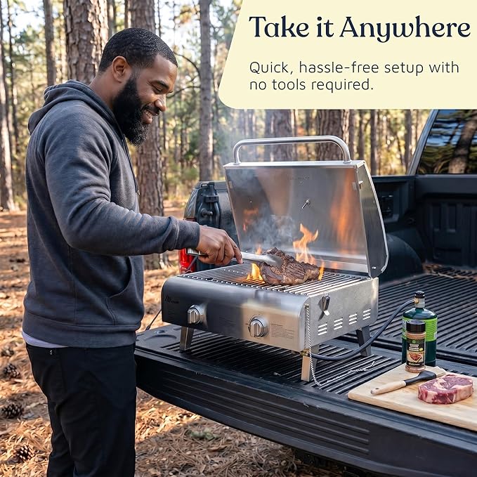 Stainless Steel Gas Grill, Dual 10,000 BTU Burners, 275 Sq.In Cooking Space, Push-to-Start Ignition, Wind-Proof Lid with Built-in Thermometer, Perfect for Camping Tailgates & Backyard BBQ Cookouts