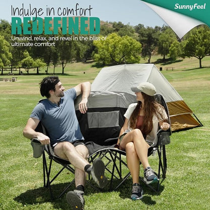 SUNNYFEEL Double Camping Chair Oversized Loveseat for Adults | 600LBS Heavy Duty Padded Camping Couch with Cup Holder, Storage Pockets & Carry Bag for Patio RV/ Lawn/ Backyard
