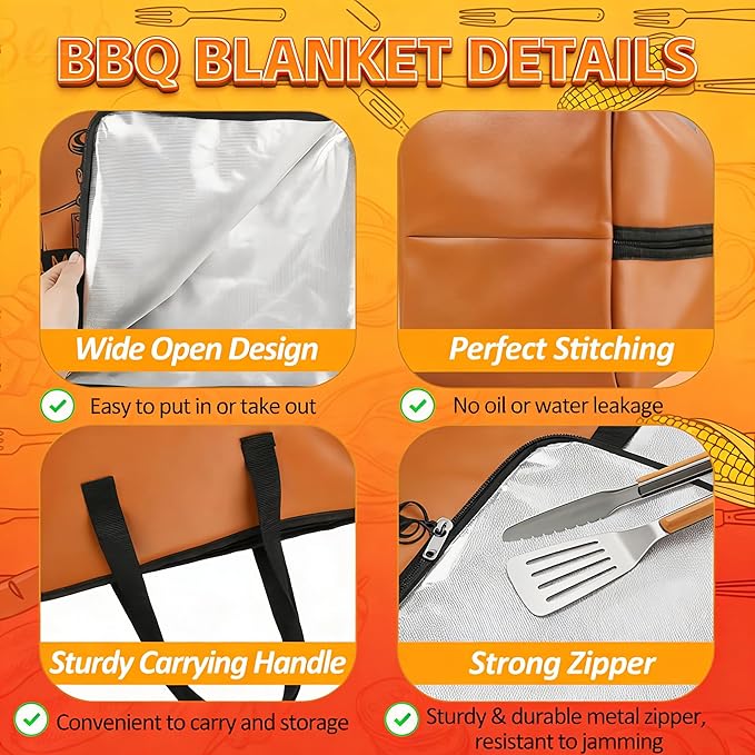BBQ Meat Resting Blanket - Premium Faux Leather Insulated Smoker Grilling Bag for Brisket, Turkey, Pork Shoulder & Beef - Grill Accessories Gifts for Men, Dads & BBQ Lovers