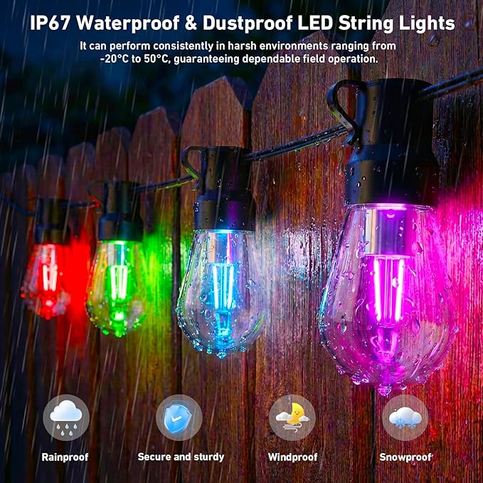 Outdoor String Lights,200FT Smart RGB+IC Patio Lights with Shatterproof LED Bulbs ,Outside Light Dimmable Patio for Decor DIY IP67 Waterproof ,Courtyard, garden,Holiday,LED lights more Scene Modes