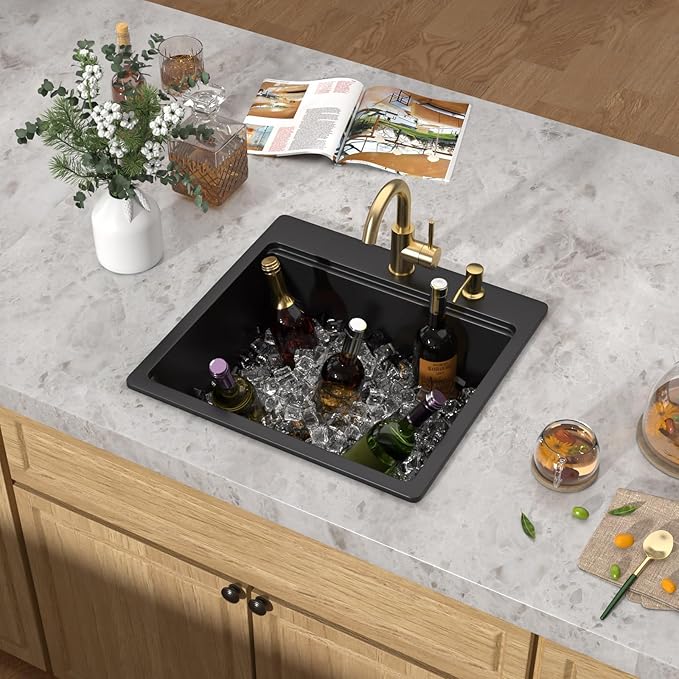 21 Inch Drop In Bar Sink - Matte Black Granite Composite Workstation Single Bowl Small Prep Wet Sink with All-In One Gold Accessories & Cutting Board for RV, Kitchen Bar, and Boat#TLGT-130