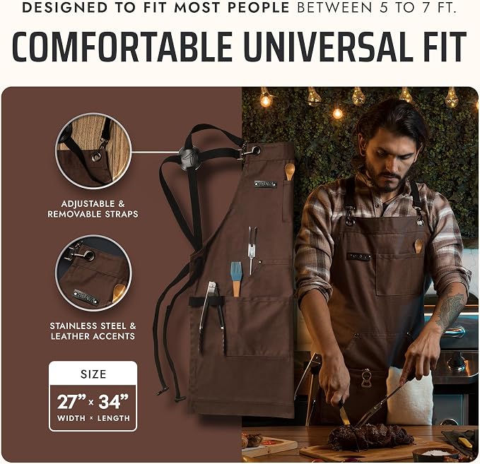 Asaya Chef and BBQ Apron with Bottle Opener and Hand Towel - 10oz Cotton Canvas, Stainless Steel Hardware - Cross Back Straps