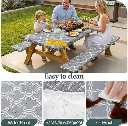 Picnic Table Cover Bench Covers Camping Essentials Tablecloth | Waterproof Vinyl for Outdoor, Windproof Elastic Fitted Edges, RV BBQ Accessories Must Haves, Storage Bag Included