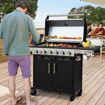 Brand-Man 6-Burner Propane Gas Grill with 12,000 BTU Infrared Sear Side Burner, Porcelain-Enameled Cast Iron Diamond-Pattern Grates & Griddle, 624 Sq.In. BBQ Station with Storage Cabinet for Barbecue