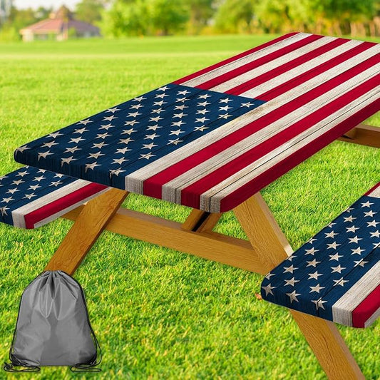 American Flag Picnic Table Cover with Bench Covers, Waterproof Windproof Oilproof, Camping Essentials, Fitted Tablecloth Cover with Elastic Edge, for Indoor & Outdoor, Garden, 3 Pieces Set, 30x96 Inch