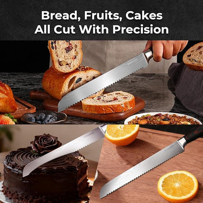 DiiHAUZZ Bread Knife for Homemade Bread, 10 Inch Serrated High Carbon Stainless Steel - Ultra Sharp Artisan Loaf Cutter for Slicing Sourdough, Crusts, Baguettes, Bagels and Cakes, Fathers Day Gift