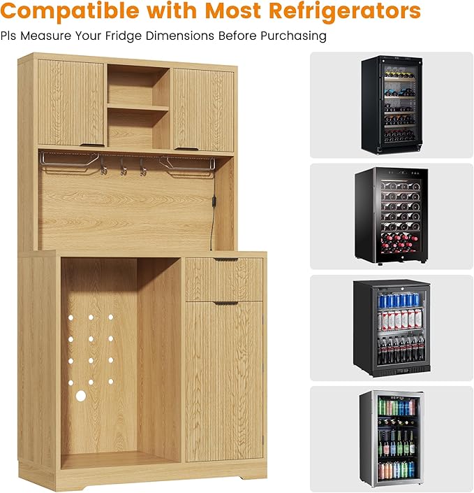 kepptory 72" Mini Fridge Cabinet with Storage, Coffee Bar Cabinet with Mini Fridge, Tall Coffee Bar Station with RGB LED Light, Wine Glass Holder, for Home Kitchen Living Room, Retro
