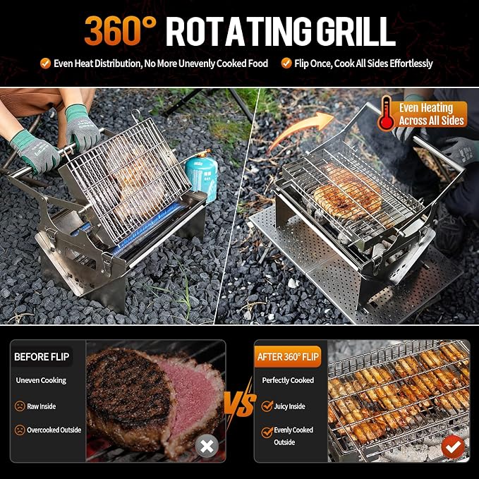 Portable Gas Grill,360° Rotating Charcoal Grill,Stainless Steel Flipping Camping Barbecue Grill with Carry Bag,Detachable BBQ Grill & Fire Pit for Outdoor Cooking,Camping,Tailgating, Patio & Backyard