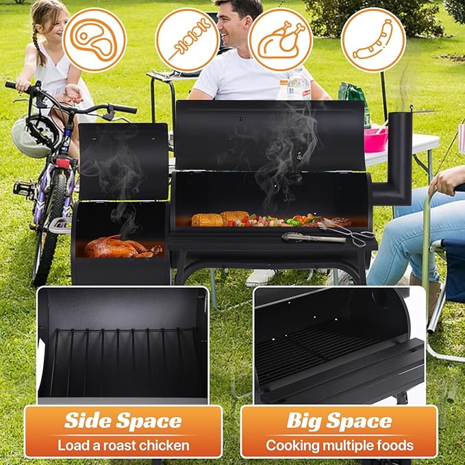 Charcoal Grill Outdoor BBQ Grill 43 Inch Portable Camping Grills with Offset Smoker & Pulleys for Picnics Parties Patio,Black