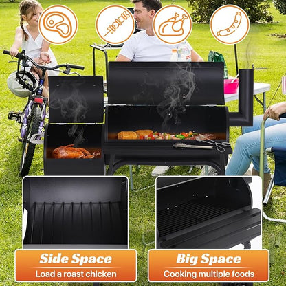 Charcoal Grill Outdoor BBQ Grill 43 Inch Portable Camping Grills with Offset Smoker & Pulleys for Picnics Parties Patio,Black