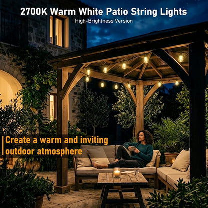 CAWWS Outdoor String Lights 50FT, Super Bright Warm White LED Patio Lights | 2700K Warm White, App & Remote Control, Dimmable, 20 Shatterproof LED Bulbs, IP67 Waterproof, Replaceable LED Chips
