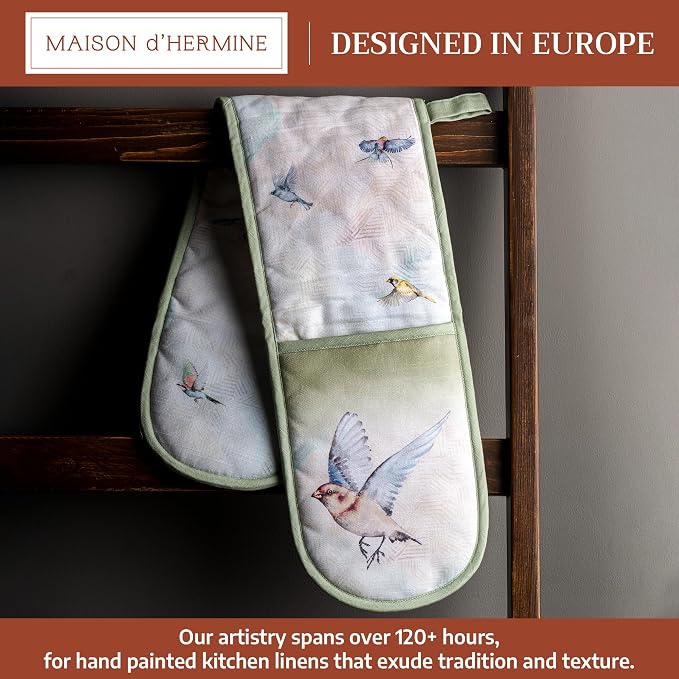 Maison d' Hermine Double Oven Mitts 100% Cotton Double Oven Glove (7"x35") | Heat Resistant BBQ Cooking Gloves with Loop Baking Grilling Kitchen Hotel Home Farmhouse Spring Summer - Flying Birds