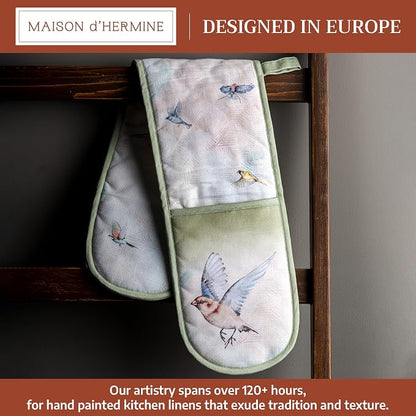 Maison d' Hermine Double Oven Mitts 100% Cotton Double Oven Glove (7"x35") | Heat Resistant BBQ Cooking Gloves with Loop Baking Grilling Kitchen Hotel Home Farmhouse Spring Summer - Flying Birds