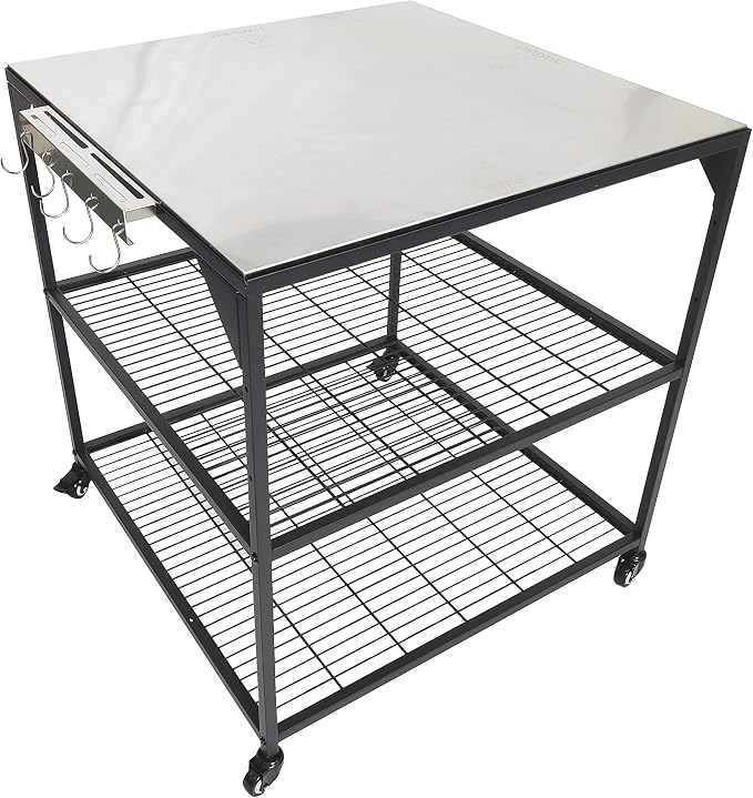 Three-Shelf Movable Stainless Steel & Steel Outdoor Dining Cart Table Pizza Oven Protable Grill and Heavy Duty Grill Cart Outdoor Table