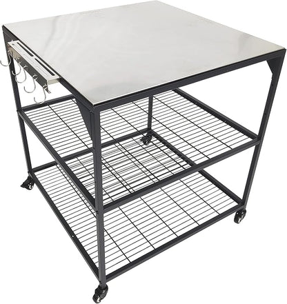 Three-Shelf Movable Stainless Steel & Steel Outdoor Dining Cart Table Pizza Oven Protable Grill and Heavy Duty Grill Cart Outdoor Table