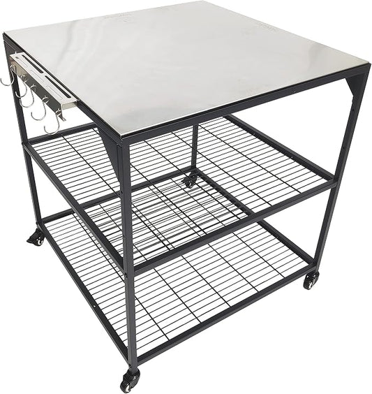 Three-Shelf Movable Stainless Steel & Steel Outdoor Dining Cart Table Pizza Oven Protable Grill and Heavy Duty Grill Cart Outdoor Table