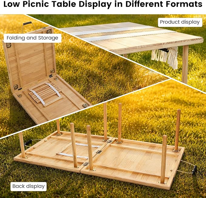 60" x 30" Boho Low Picnic Table, Foldable Solid Wood Construction | Beach Table with Tablecloth & Adjustable Legs, Indoor & Outdoor Use for Beach, Camping, BBQ, Wedding & Warm Family Gatherings