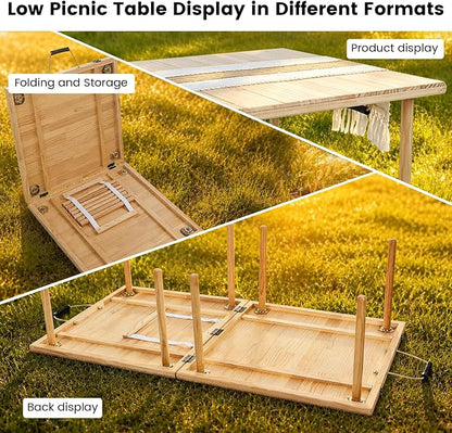 60" x 30" Boho Low Picnic Table, Foldable Solid Wood Construction | Beach Table with Tablecloth & Adjustable Legs, Indoor & Outdoor Use for Beach, Camping, BBQ, Wedding & Warm Family Gatherings