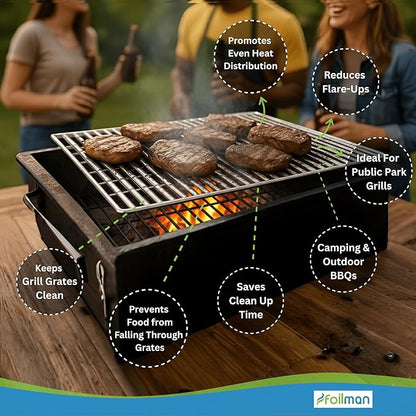 Foilman Heavy-Duty Disposable Aluminum Grill Liners, 12 x 20 Inch Nonstick Cooking Sheets for BBQ, Protects Grates from Grease, Even Heat Distribution, Easy Cleanup for Outdoor Grilling - Pack of 12