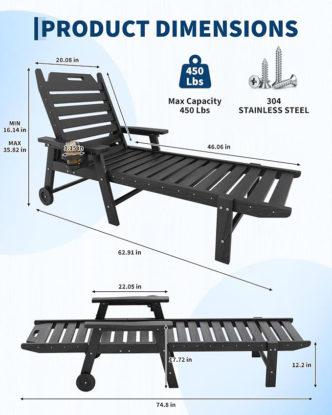 HDPE Lounge Chair Outdoor with Cup Holder, 5-Position Backrest & Wheels | All-Weather & Wood Textured for Patio Poolside Deck Backyard, Black