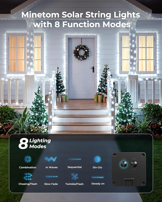 Solar String Lights, 2 Packs Total 66Ft 200 LED Fairy Lights Pure White | IP65 Waterproof Twinkle Lights with 8 Modes, Patio Lights for Tree Outside Patio Yard Party Wedding Christmas Decoration