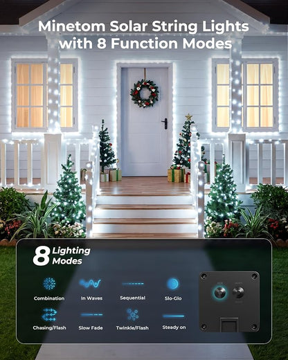 Solar String Lights, 2 Packs Total 66Ft 200 LED Fairy Lights Pure White | IP65 Waterproof Twinkle Lights with 8 Modes, Patio Lights for Tree Outside Patio Yard Party Wedding Christmas Decoration
