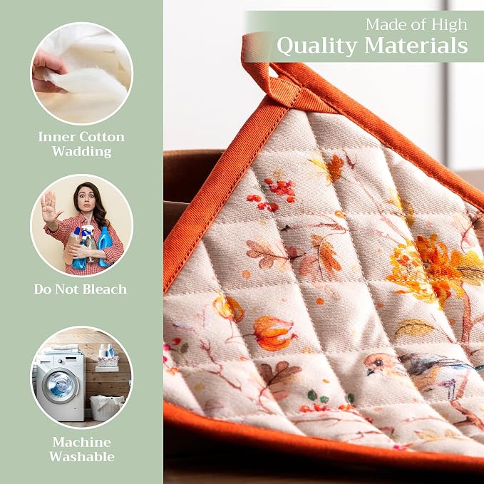 Maison d' Hermine Pot Holders 100% Cotton Potholders (8" x 8", Pack of 2) | Heat Resistant Hot Pads with Loop BBQ Cooking Baking Hotel Kitchen Handling Hot Pans Thanksgiving Christmas - Kelim - Prairie