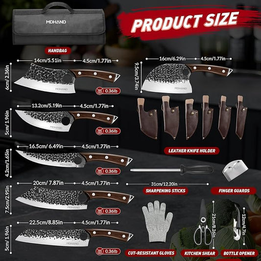 MDHAND Butcher Knife Set, 18PCS Hand Forged Serbian Chef Knife Set with Bag, Full Tang Kitchen Knife Sets with High Carbon Steel, Meat Cleaver Butcher Boning Knife for Brisket Trimming, Gift for Men