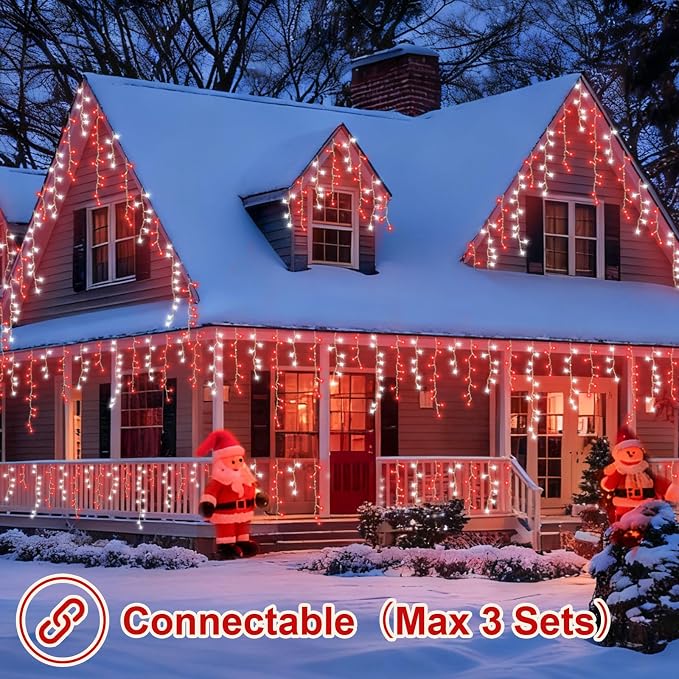 YEGUO 33ft 400 LED Red and White Icicle Lights Outdoor Waterproof, 80 Drops Icicle String Lights Connectable, 8 Modes Icicle Christmas Lights with Memory