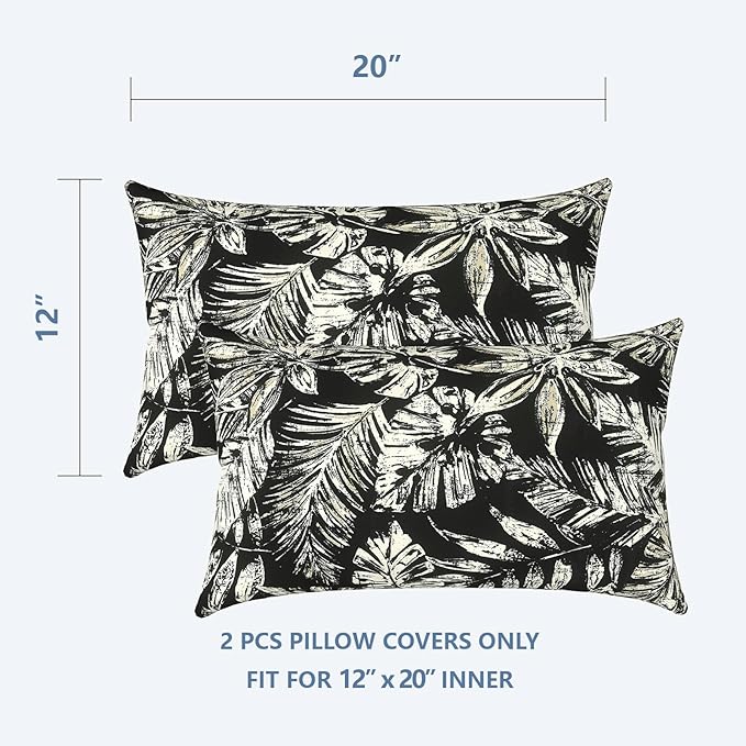 LVTXIII Outdoor/Indoor Lumbar Pillow Covers, Patio Decorative Lumbar Pillow Covers, All Weather Cushion Cases for Sofa, Patio Couch Decoration 12x20, 2 Pack, Tropical Leaf Black