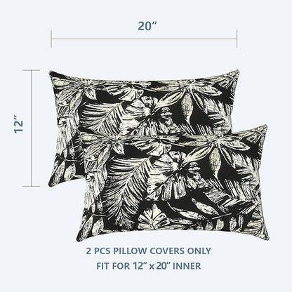 LVTXIII Outdoor/Indoor Lumbar Pillow Covers, Patio Decorative Lumbar Pillow Covers, All Weather Cushion Cases for Sofa, Patio Couch Decoration 12x20, 2 Pack, Tropical Leaf Black