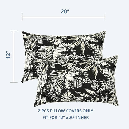 LVTXIII Outdoor/Indoor Lumbar Pillow Covers, Patio Decorative Lumbar Pillow Covers, All Weather Cushion Cases for Sofa, Patio Couch Decoration 12x20, 2 Pack, Tropical Leaf Black