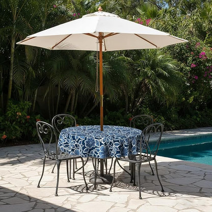 LVTXIII Round Outdoor Tablecloth with Umbrella Hole and Zipper, Water-Repellent 60 Inch Patio Table Cover for Bistro, Garden, Patio & Picnic, Flower Navy